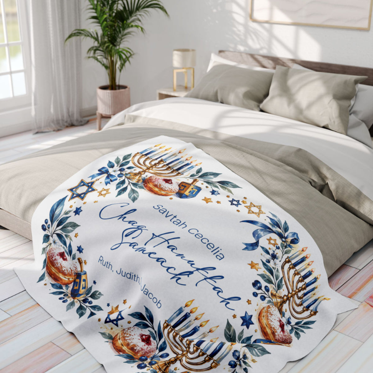 Personalized Hanukkah Blanket – Custom Name Menorah & Dreidel Throw