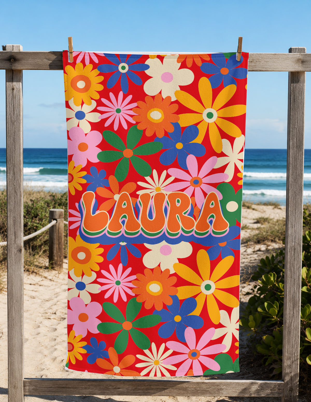 Personalized Retro Daisy Beach Towel | Custom Name Flower Power Design
