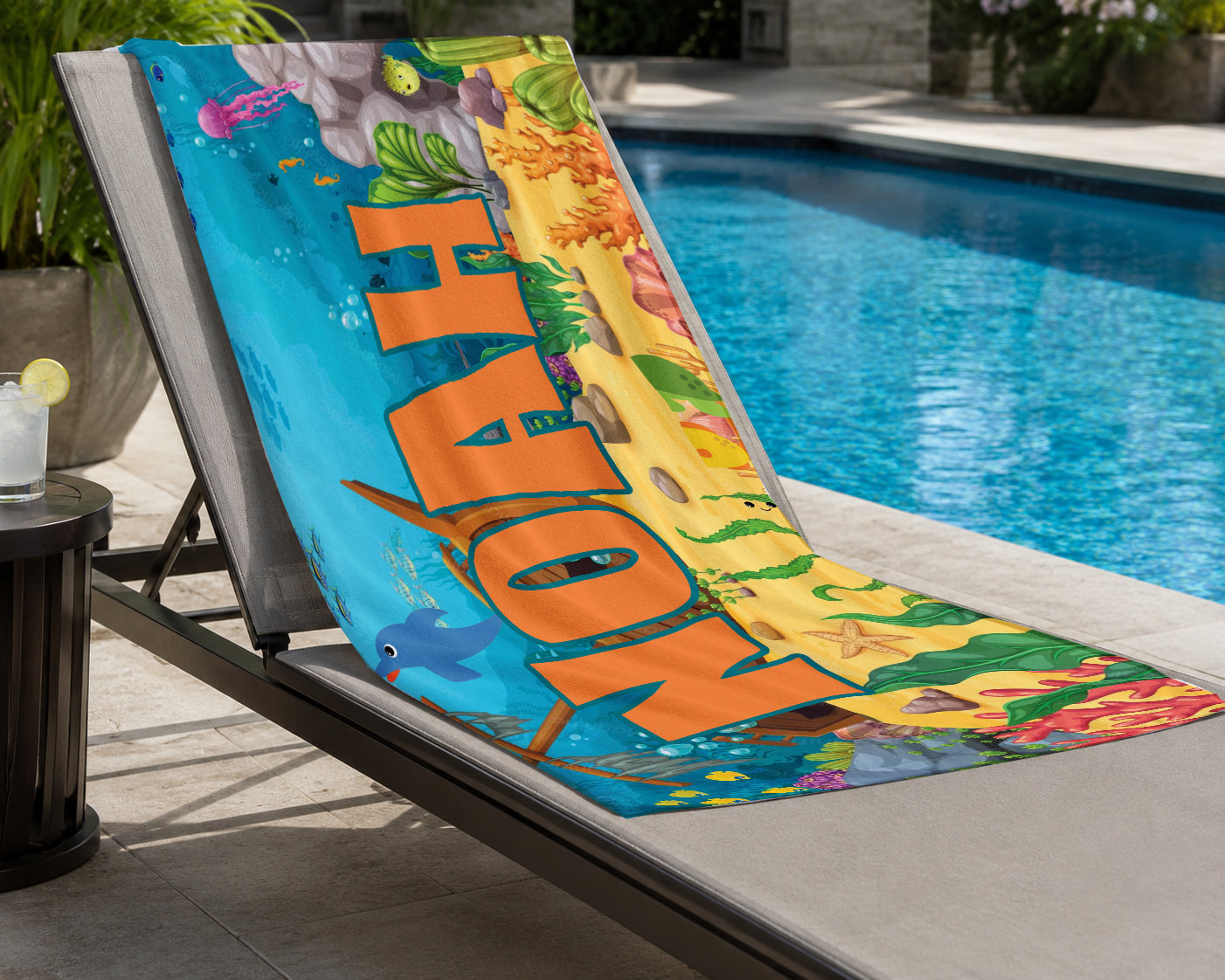 Personalized Underwater Ocean Beach Towel | Custom Name Shipwreck Design