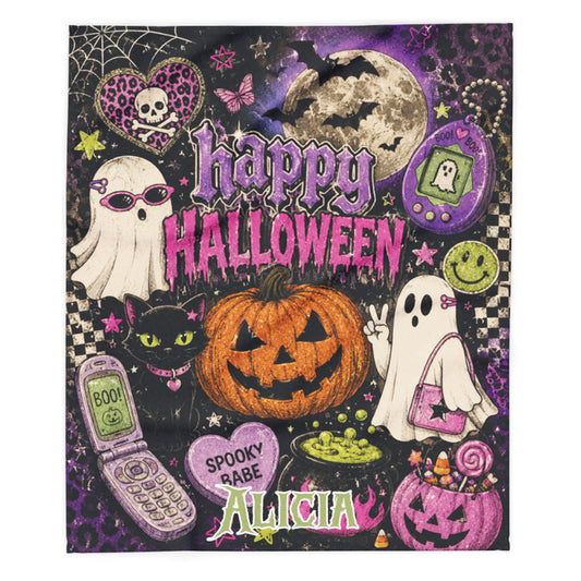 A square Halloween-themed graphic print featuring the text 'happy HALLOWEEN' in purple and pink, surrounded by illustrated spooky elements including a jack-o'-lantern, ghosts, a black cat, a purple flip phone, a Tamagotchi-style screen, stars, and a full moon on a dark patterned background.