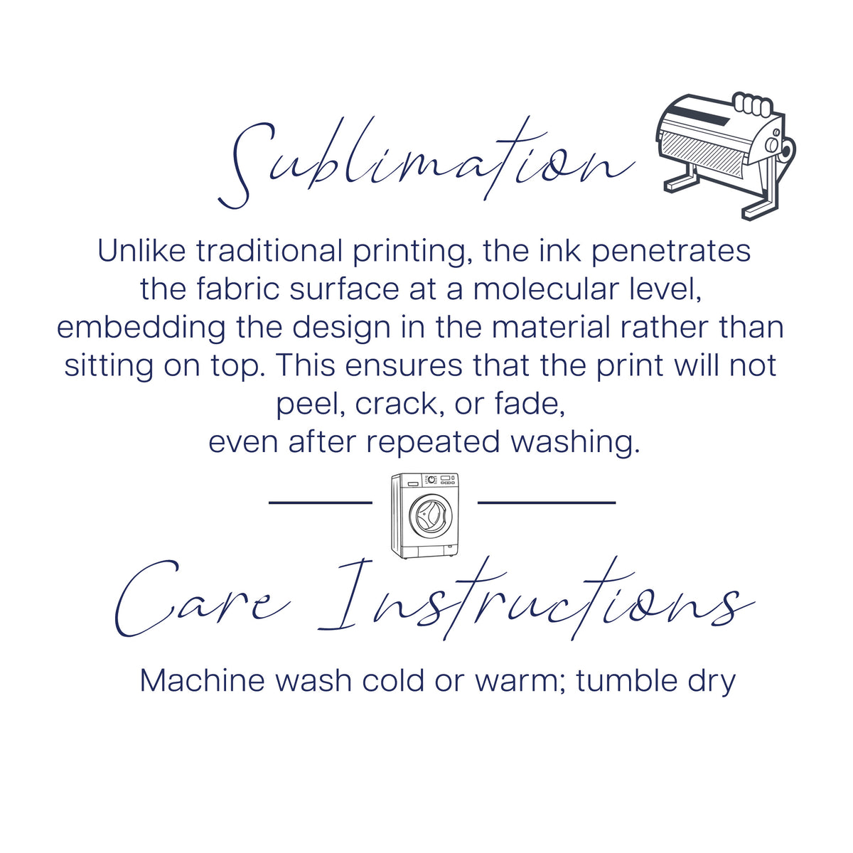 A white square graphic with navy blue text explaining sublimation and care instructions, including a small line drawing of a sublimation printer and a washing machine.