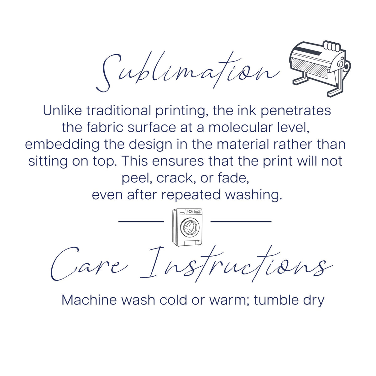 A white square graphic with navy blue text explaining sublimation and care instructions, including a small line drawing of a sublimation printer and a washing machine.