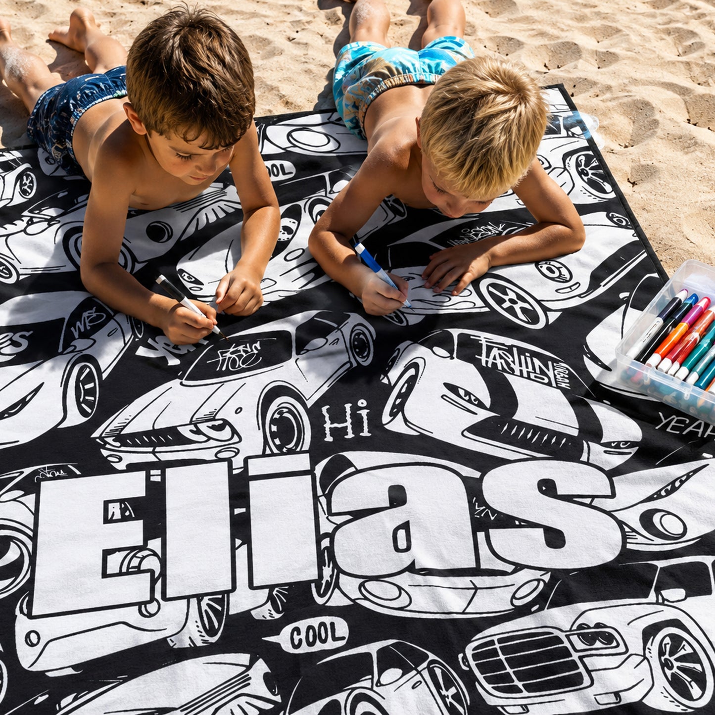 Personalized Color Your Own Beach Towel | Custom Name Race Car Design