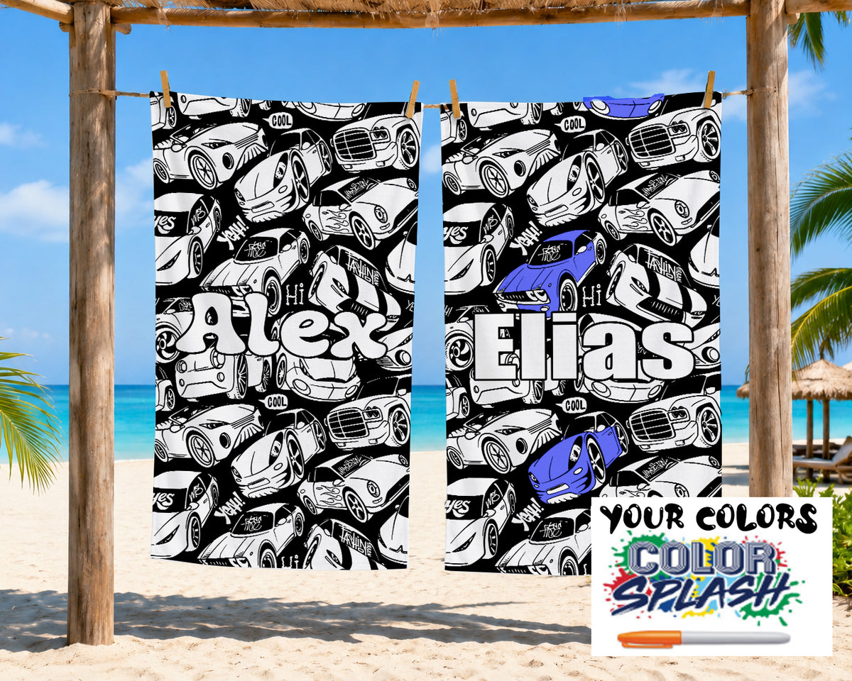 Personalized Color Your Own Beach Towel | Custom Name Race Car Design