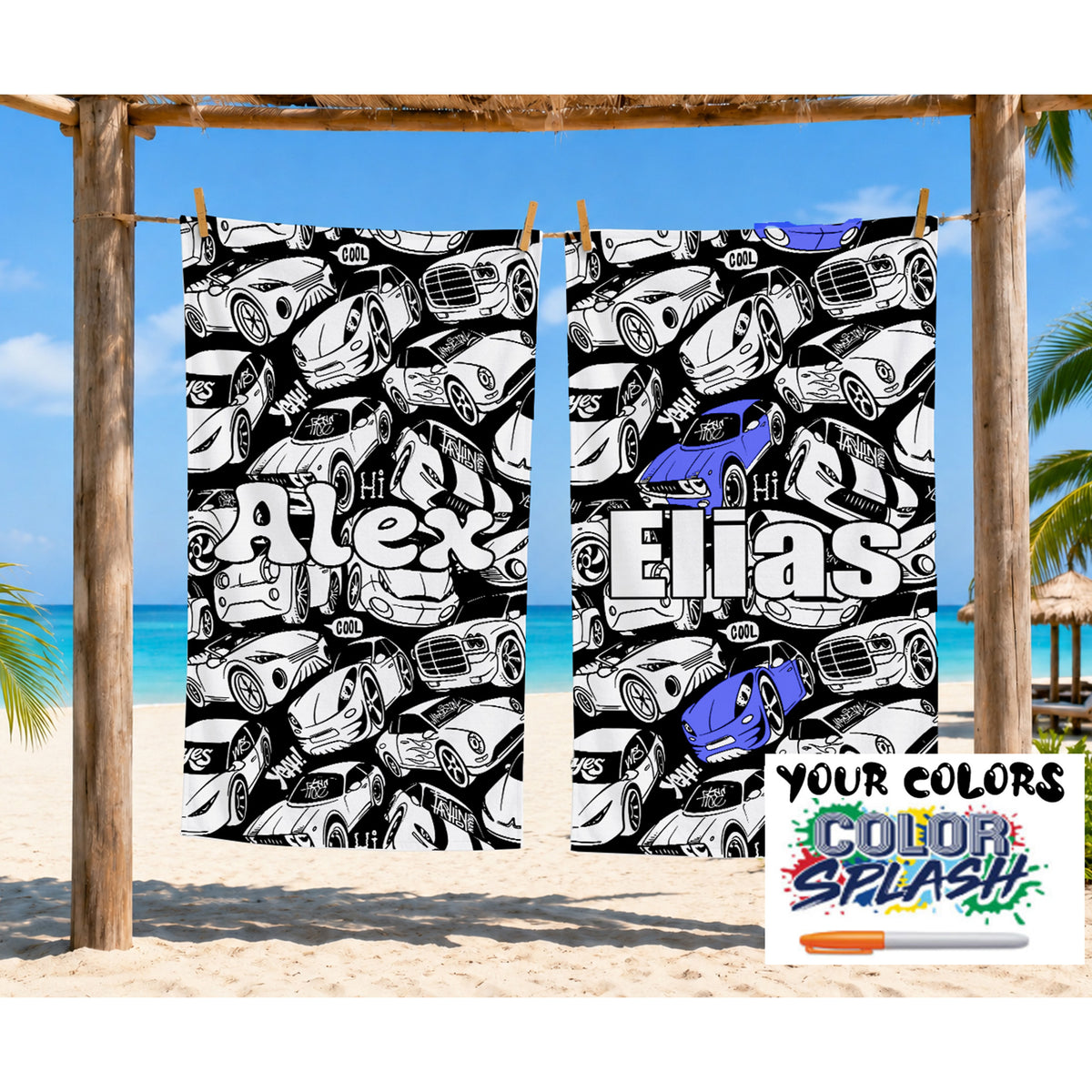 Personalized Color Your Own Beach Towel, Custom Name Race Car Design