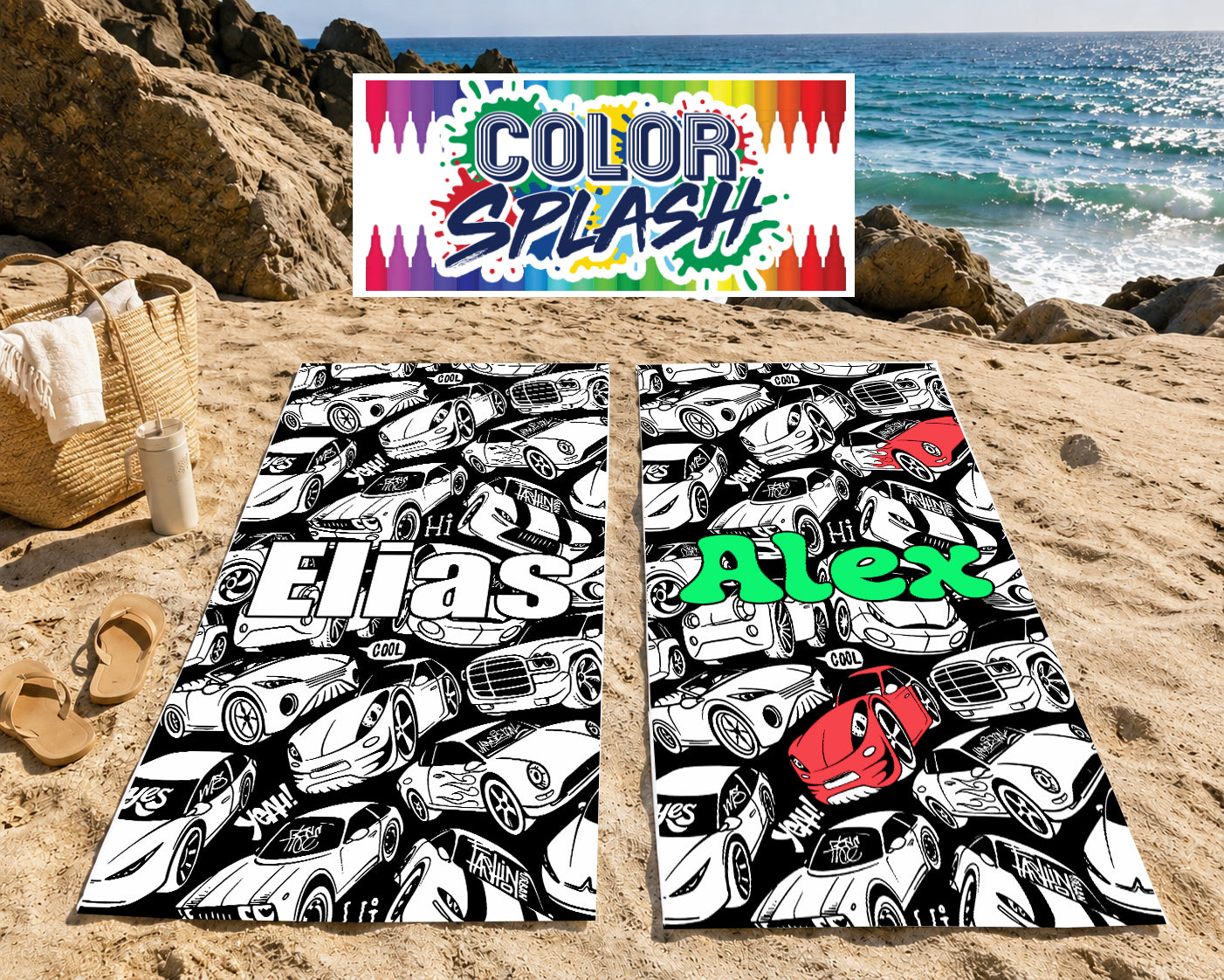 Personalized Color Your Own Beach Towel | Custom Name Race Car Design