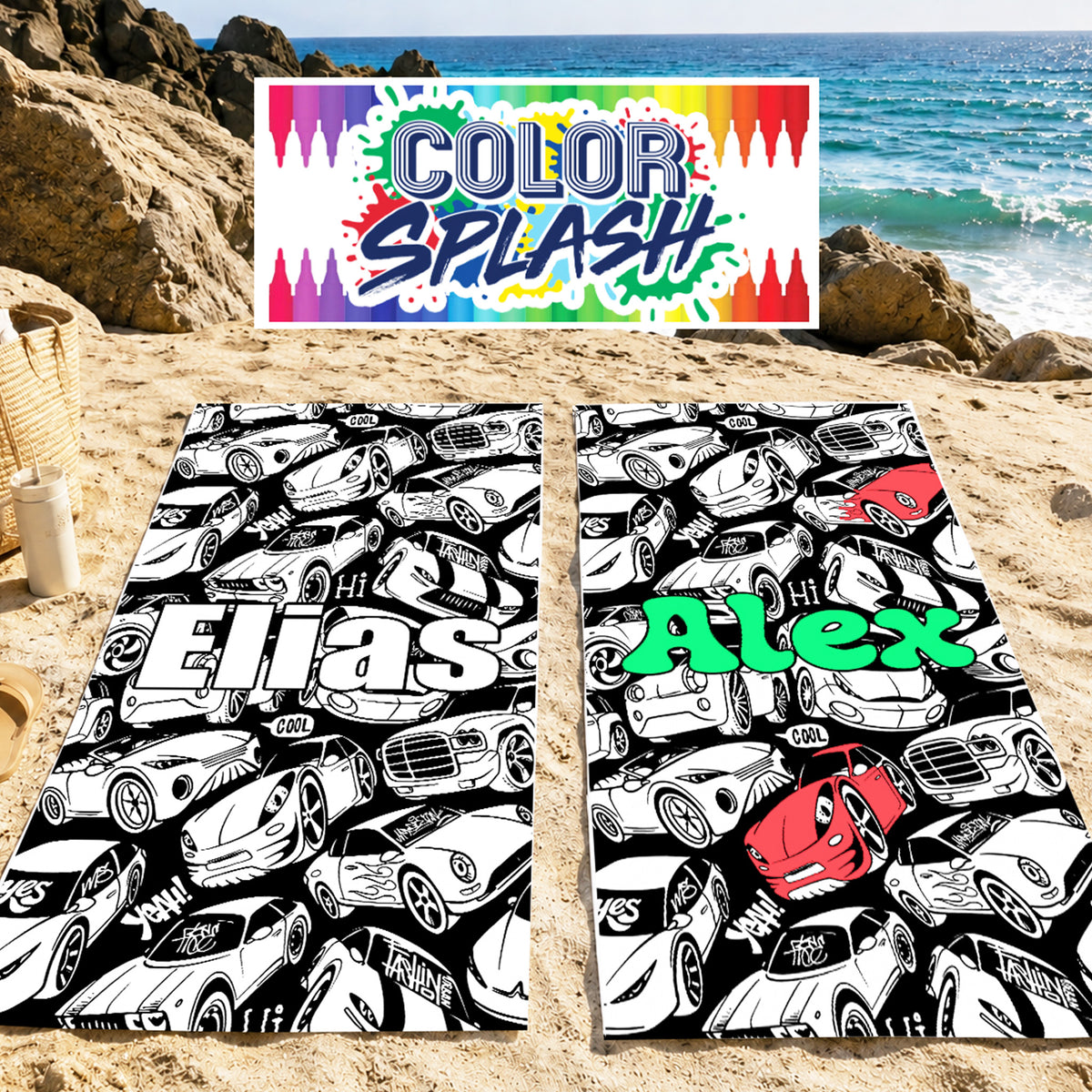 Personalized Color Your Own Beach Towel, Custom Name Race Car Design