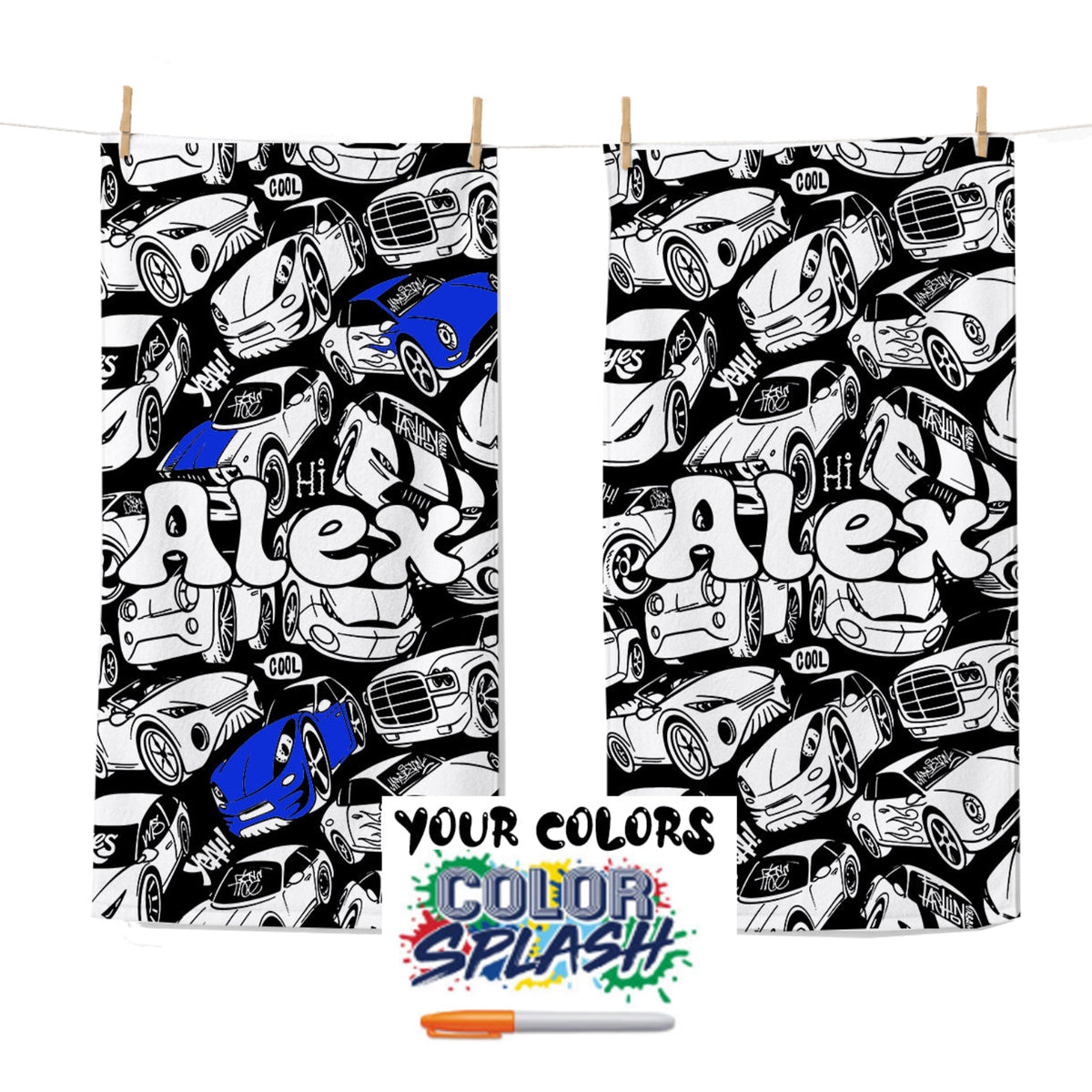Personalized Color Your Own Beach Towel | Custom Name Race Car Design