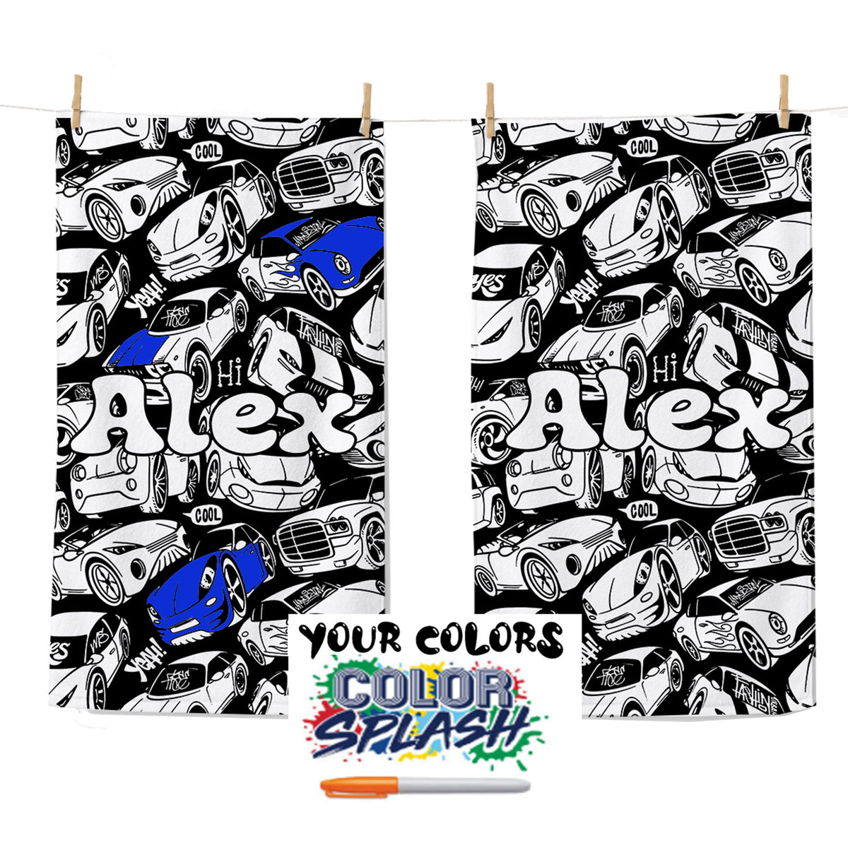 Personalized Color Your Own Beach Towel, Custom Name Race Car Design