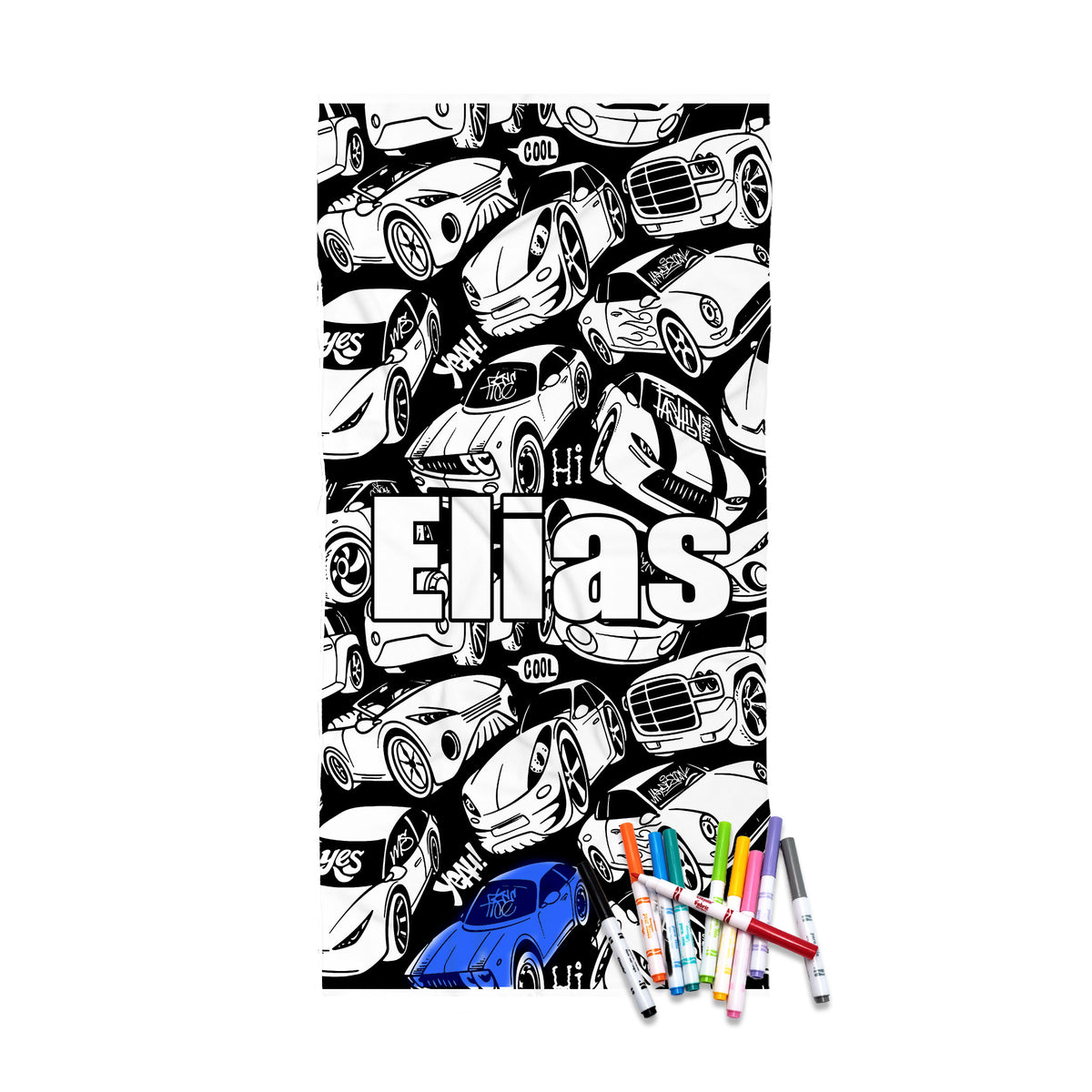 Personalized Color Your Own Beach Towel, Custom Name Race Car Design