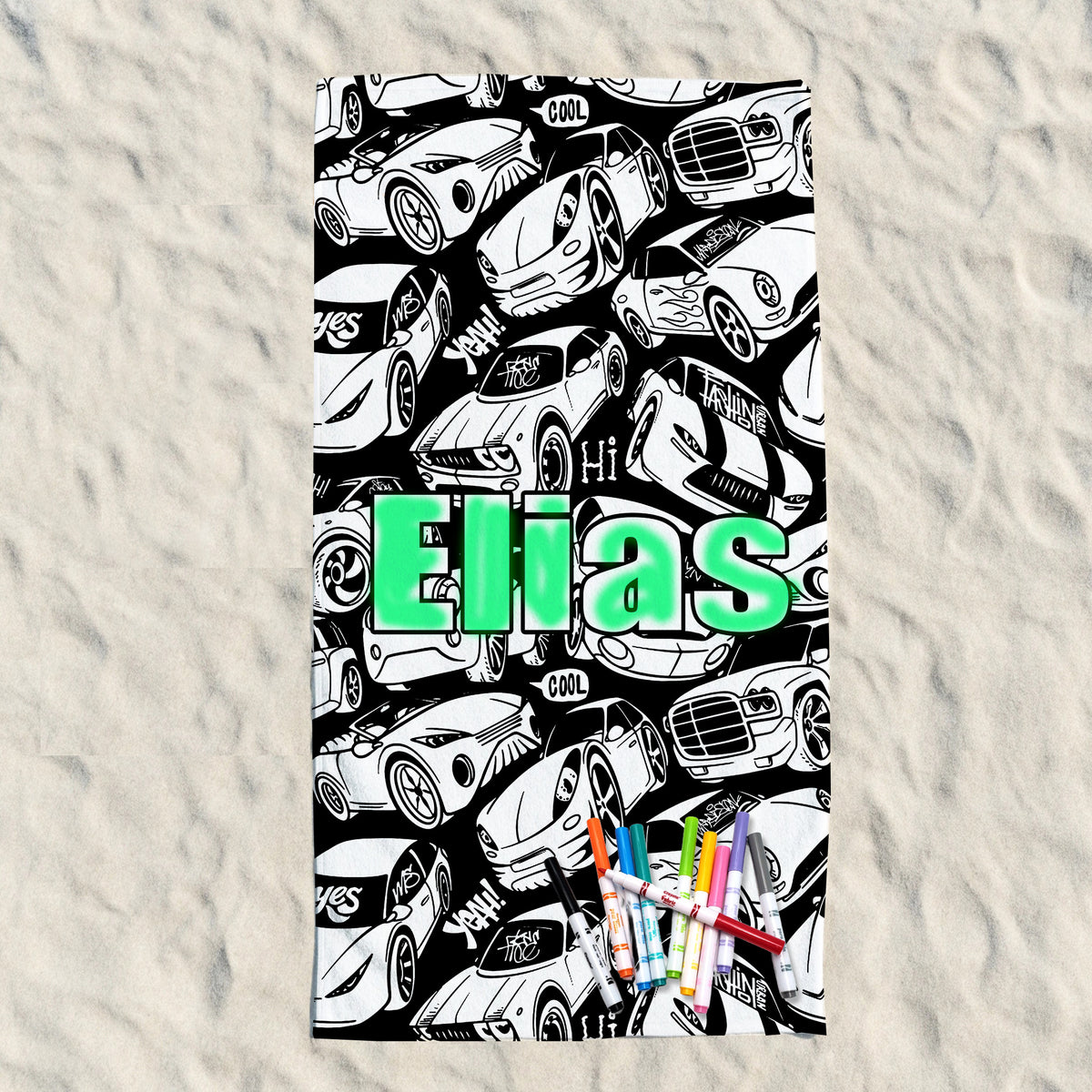 Personalized Color Your Own Beach Towel | Custom Name Race Car Design