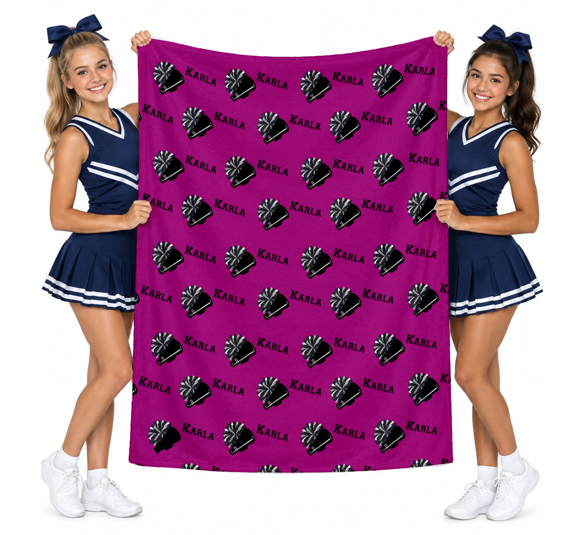 Custom Cheer Name Blanket for Girls, Personalized Cheerleader Team Gift, Pom Pom and Megaphone Design