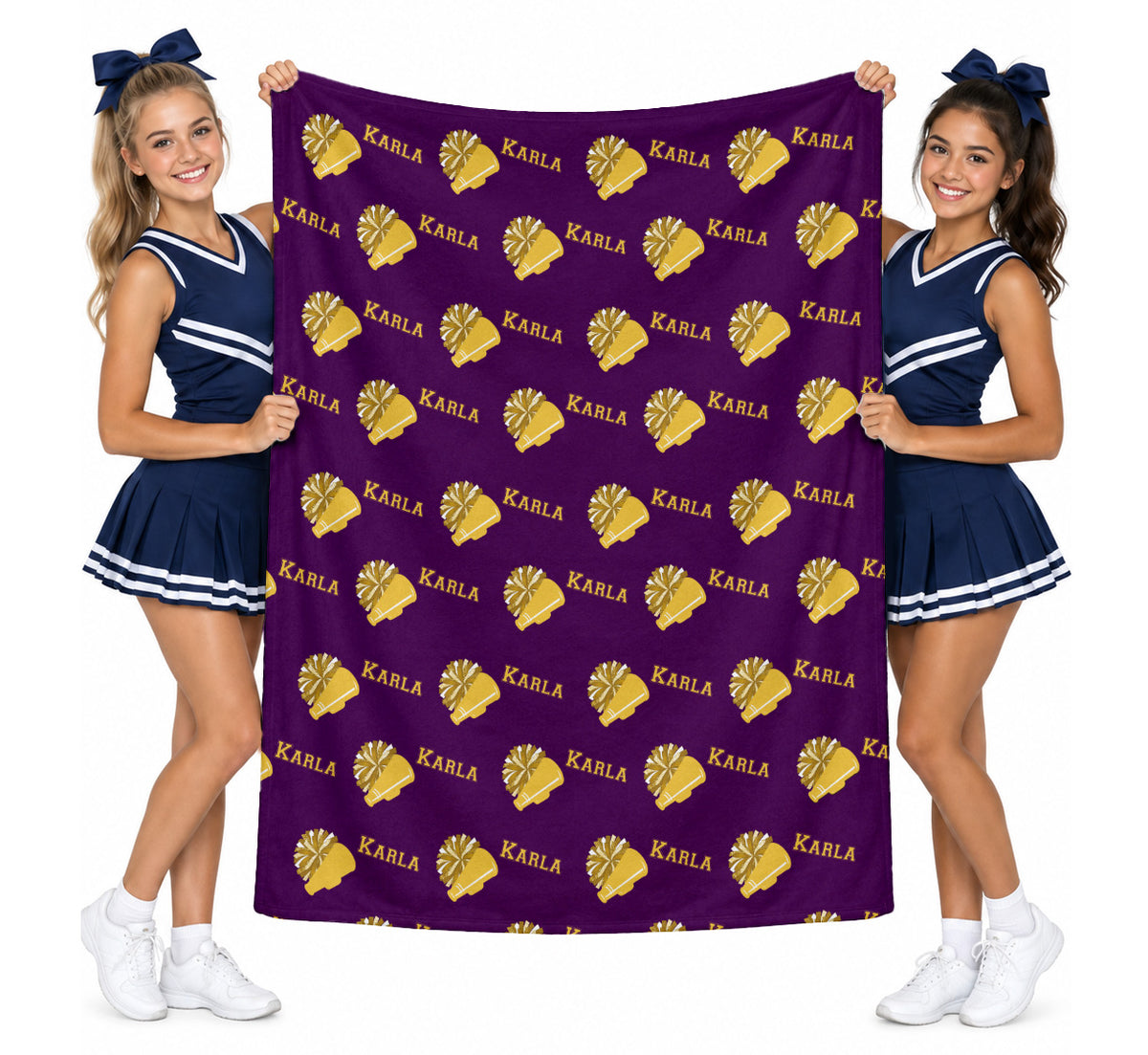 Custom Cheer Name Blanket for Girls, Personalized Cheerleader Team Gift, Pom Pom and Megaphone Design