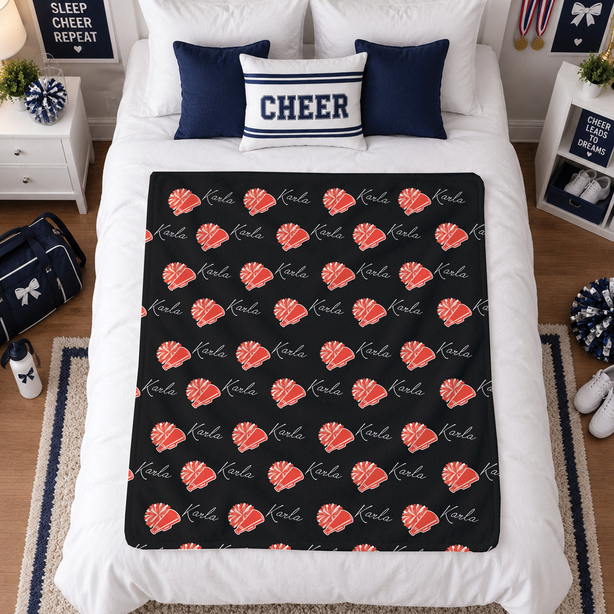 Custom Cheer Name Blanket for Girls, Personalized Cheerleader Team Gift, Pom Pom and Megaphone Design