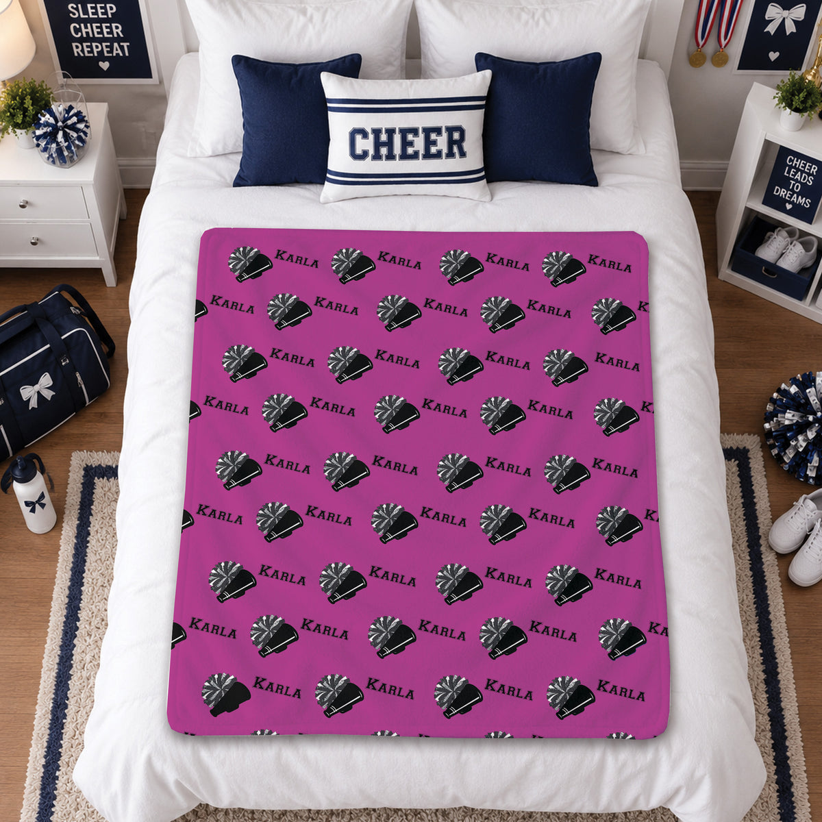 Custom Cheer Name Blanket for Girls, Personalized Cheerleader Team Gift, Pom Pom and Megaphone Design