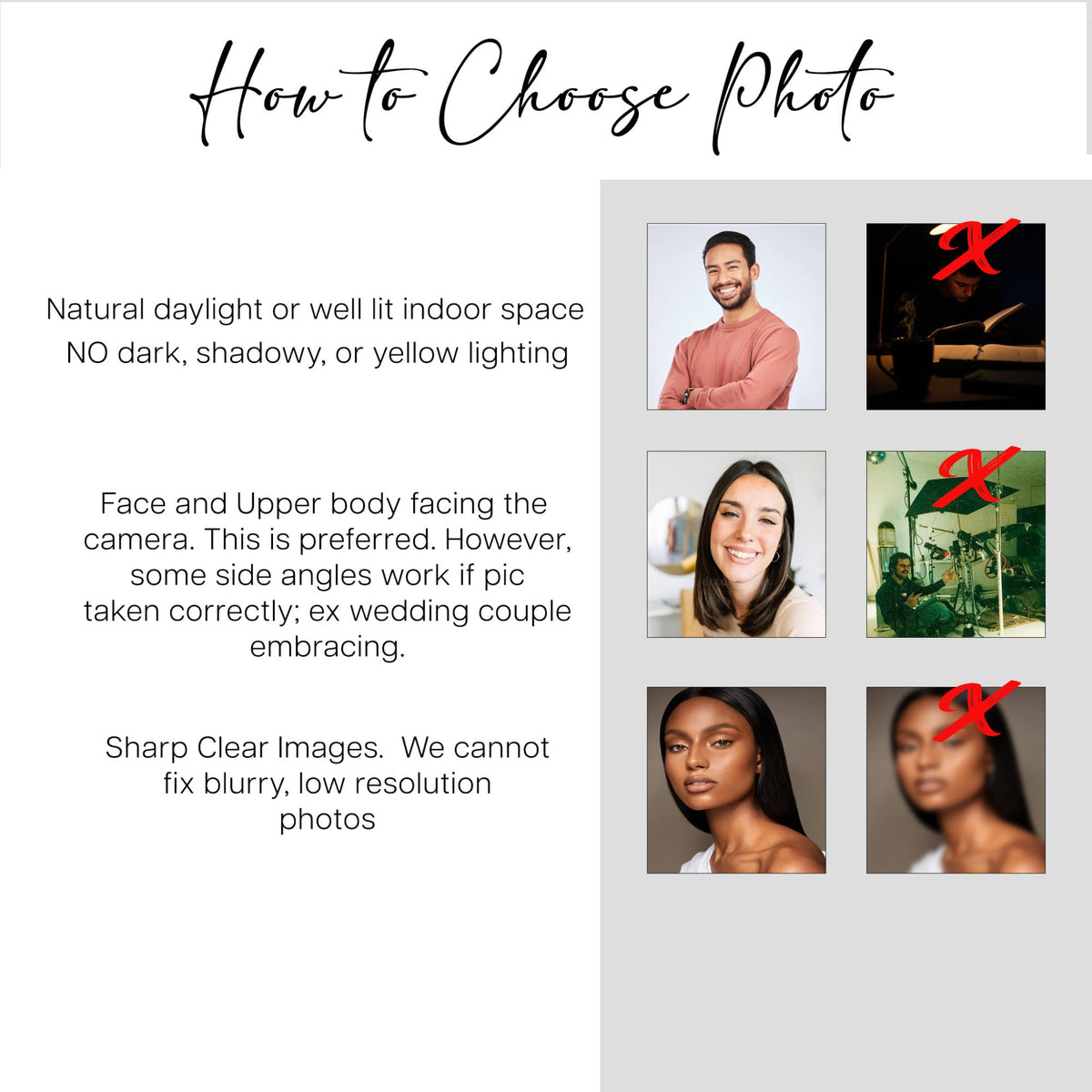 An informational graphic titled 'How to Choose Photo' with text guidelines on lighting, face orientation, and image clarity, alongside six example portrait photos arranged in a grid on a light gray panel.