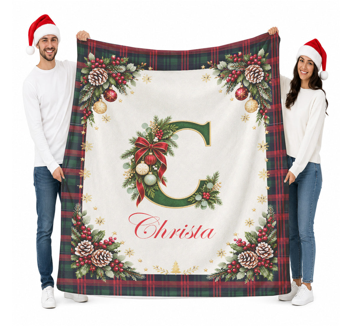 Personalized Christmas Alphabet Monogram Plaid Blanket with Name