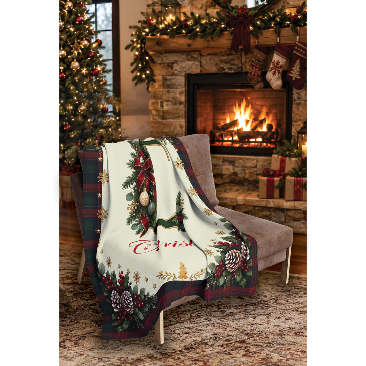 Personalized Christmas Alphabet Monogram Plaid Blanket with Name