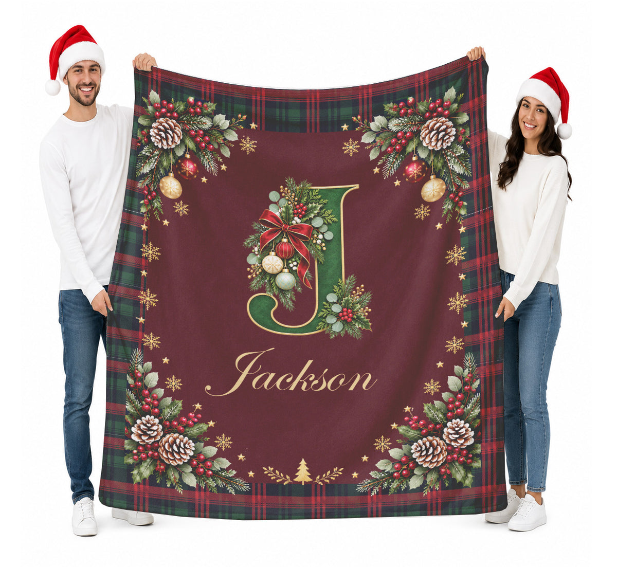 Personalized Christmas Alphabet Monogram Plaid Blanket with Name