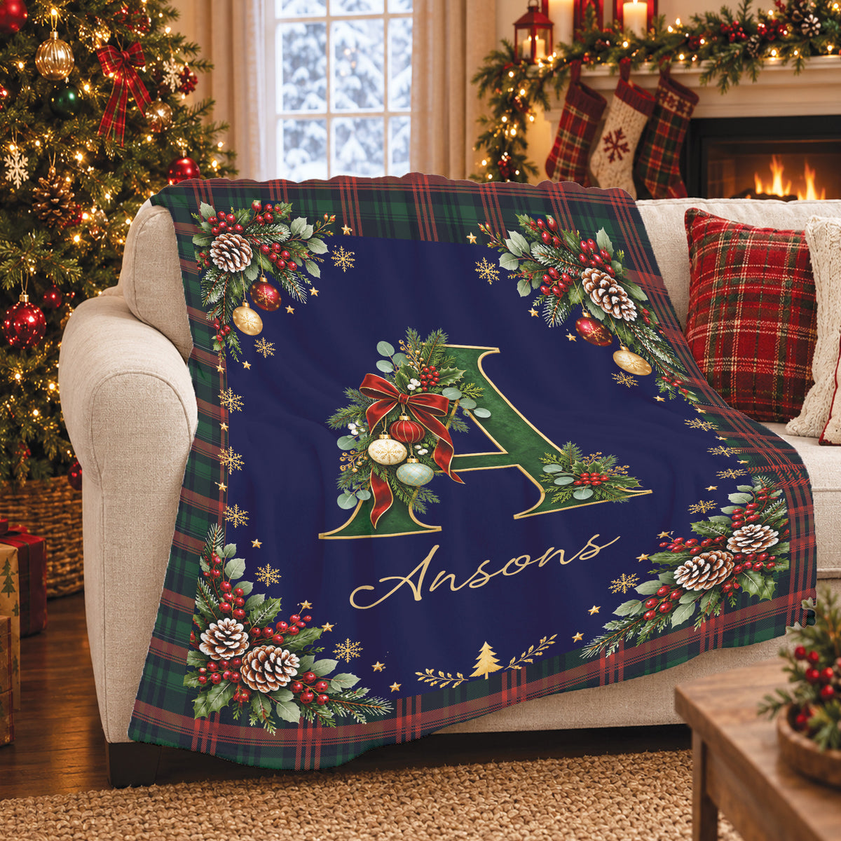 Personalized Christmas Alphabet Monogram Plaid Blanket with Name