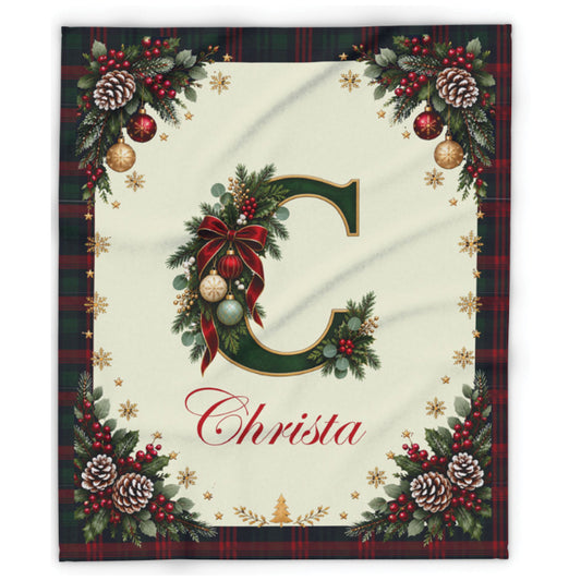 Personalized Christmas Alphabet Monogram Plaid Blanket with Name