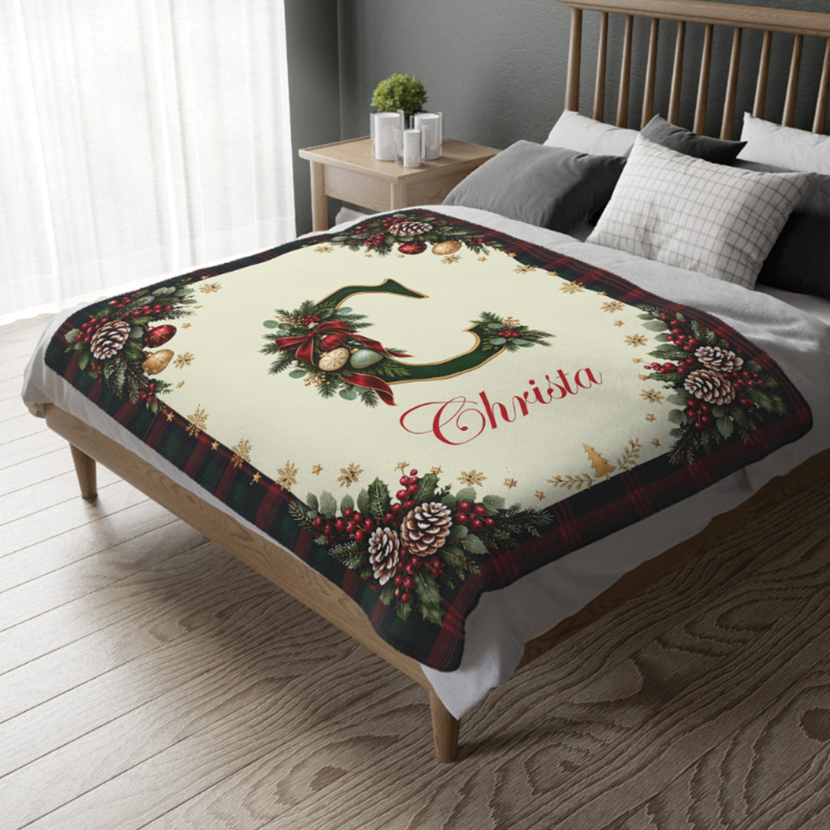 Personalized Christmas Alphabet Monogram Plaid Blanket with Name