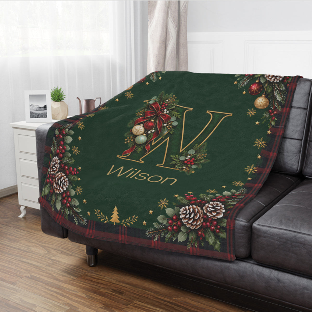Personalized Christmas Alphabet Monogram Plaid Blanket with Name