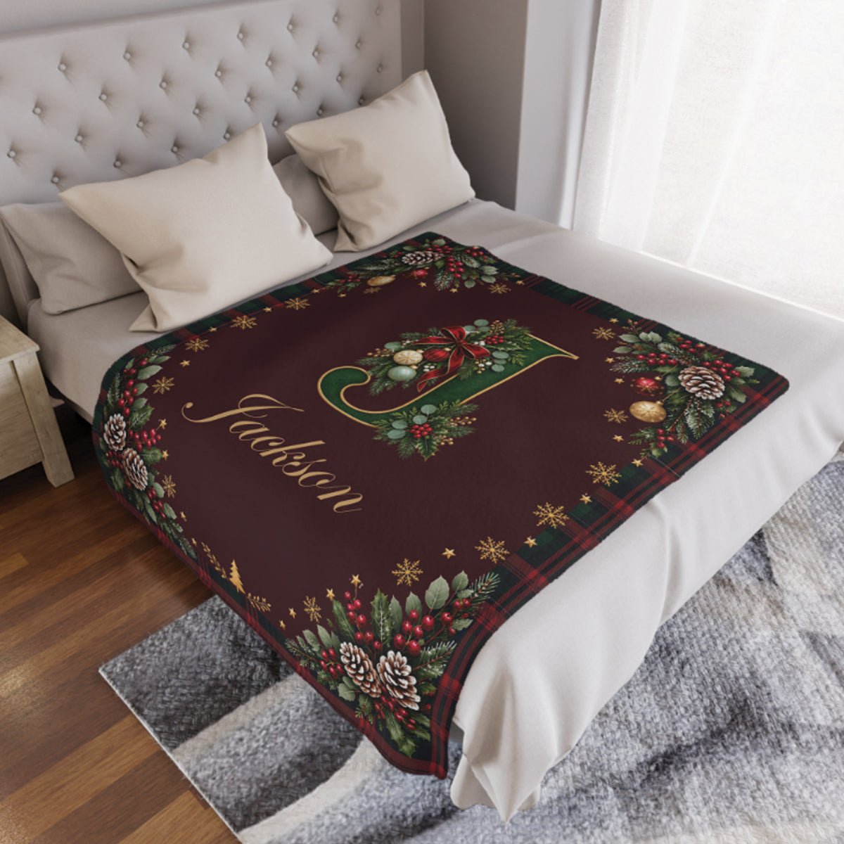 Personalized Christmas Alphabet Monogram Plaid Blanket with Name