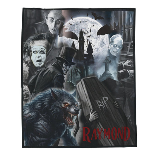 A square gothic-themed patch or print featuring a collage of horror characters including a werewolf, caskets, bats, a haunted house, and a full moon, with the name 'RAYMOND' in red at the bottom.