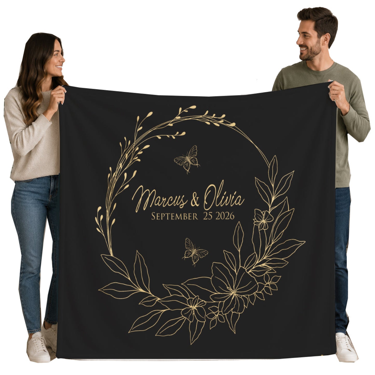 Personalized Wedding Wreath Blanket | Custom Names & Date Floral Design