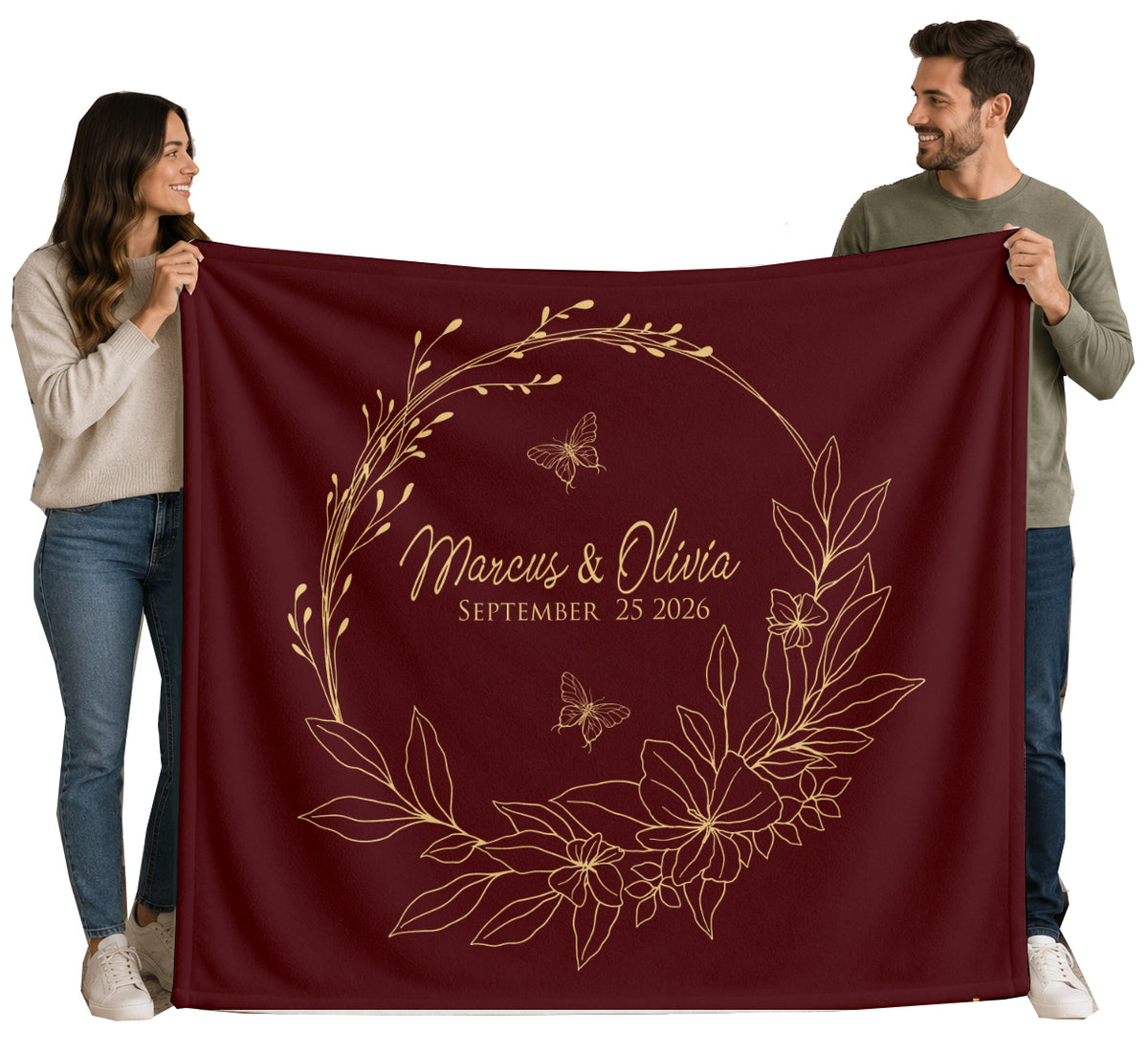 Personalized Wedding Wreath Blanket | Custom Names & Date Floral Design