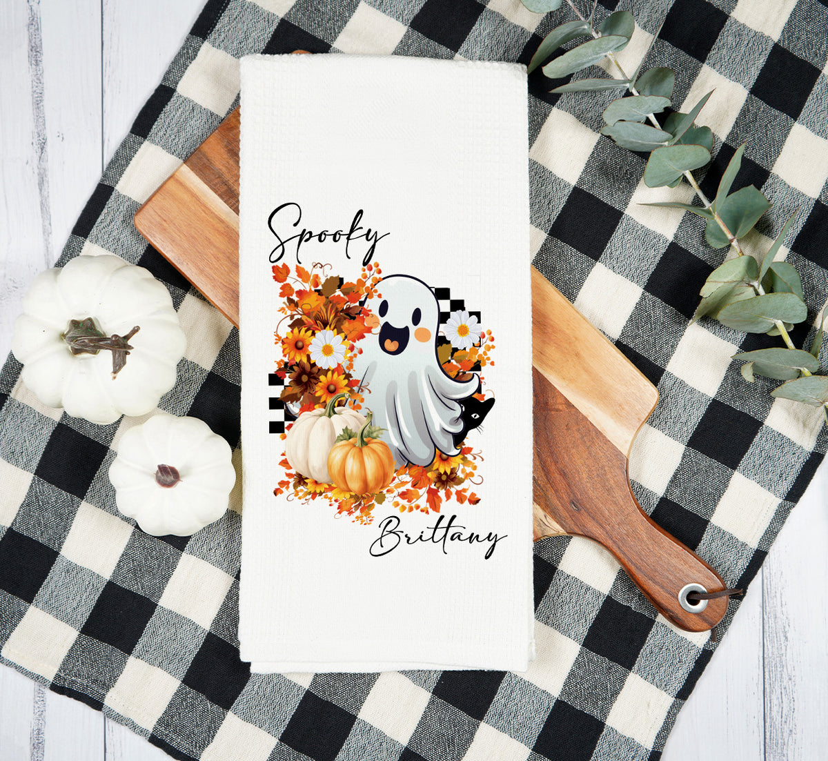 Personalized Halloween Tea Towel | Custom Name Spooky Cute Ghost Kitchen Towel