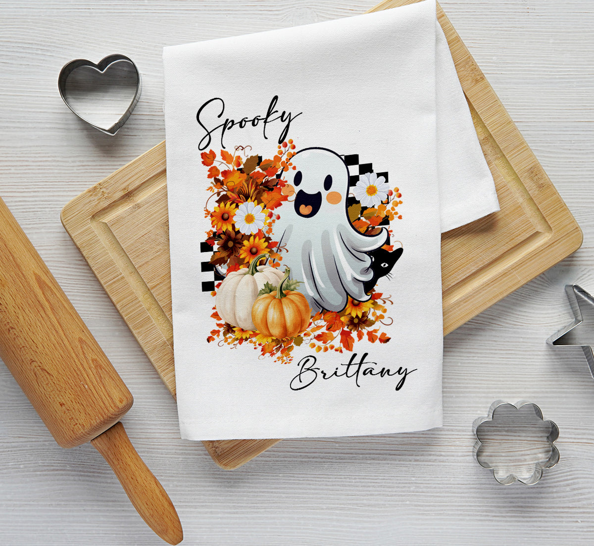 Personalized Halloween Tea Towel | Custom Name Spooky Cute Ghost Kitchen Towel