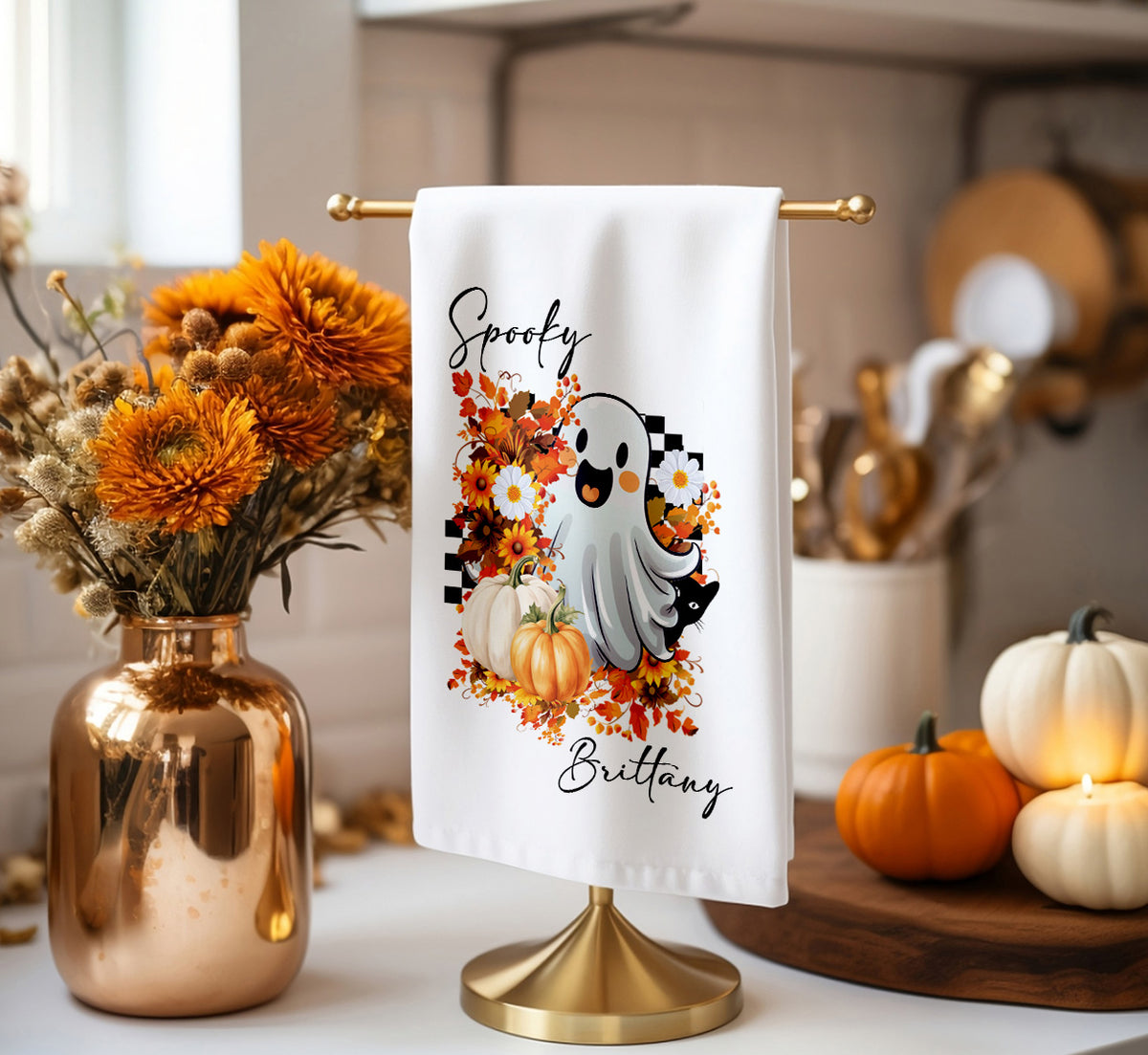 Personalized Halloween Tea Towel | Custom Name Spooky Cute Ghost Kitchen Towel