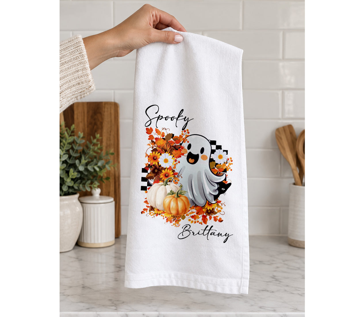 Personalized Halloween Tea Towel | Custom Name Spooky Cute Ghost Kitchen Towel