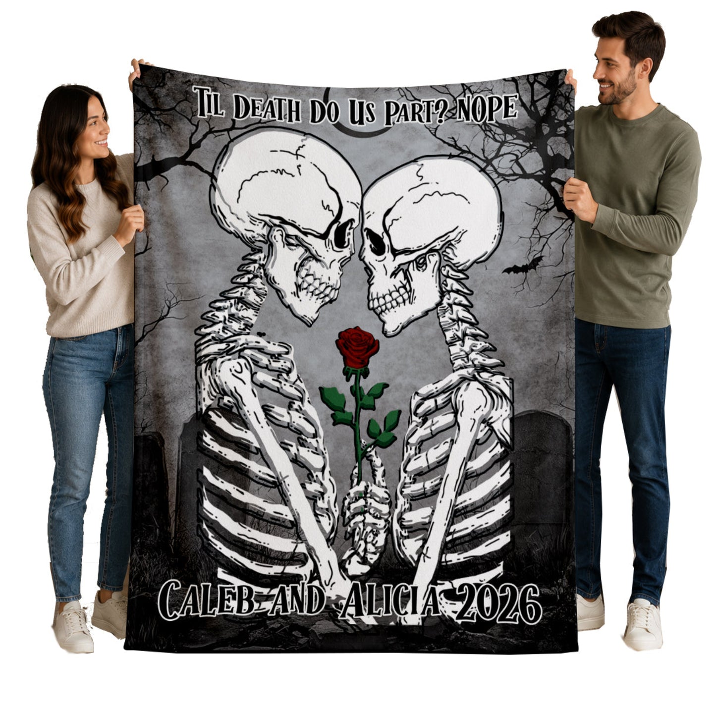 Personalized Skeleton Couple Blanket, Rose Halloween Gift