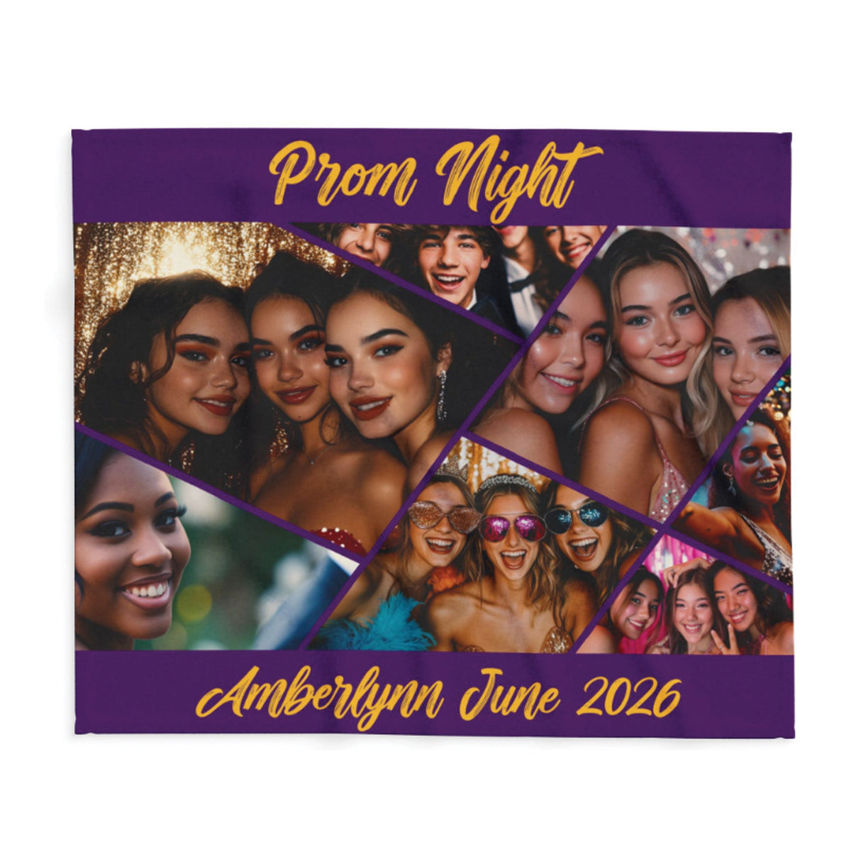 A square custom photo collage print with a purple border and gold text reading 'Prom Night' at the top and 'Amberlynn June 2026' at the bottom. The center contains multiple angled photos of smiling women, likely from a prom night event.