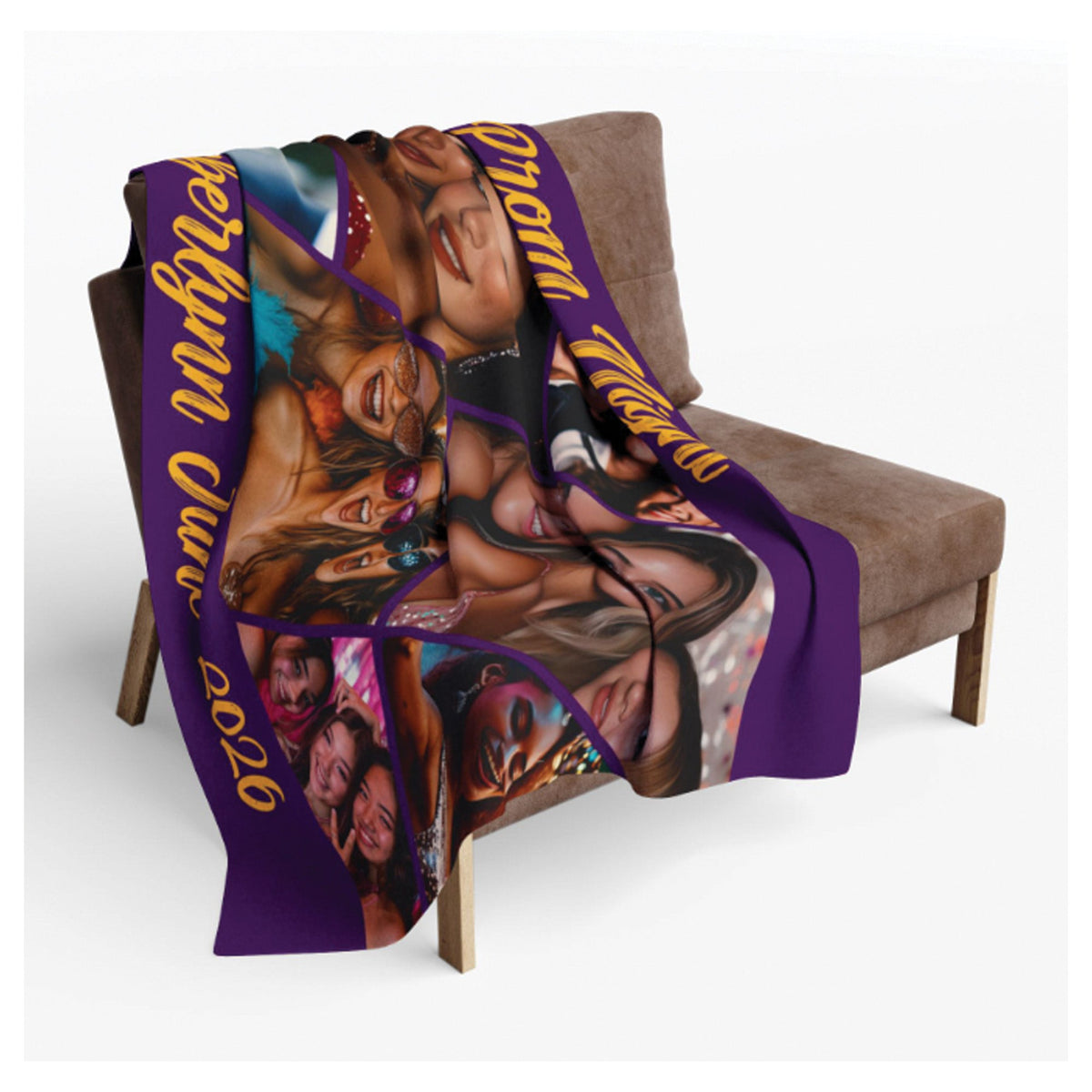 A purple throw blanket draped over a brown armchair, featuring a printed collage of faces and bold yellow text running vertically along the purple borders.