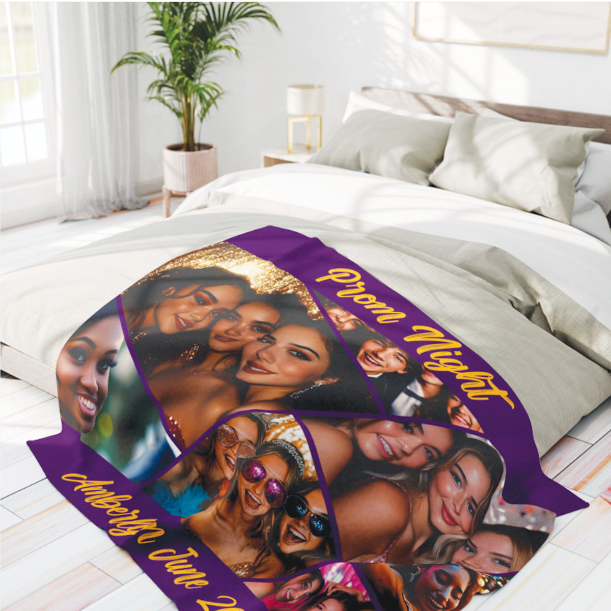 A custom photo blanket draped over a bed in a bright, modern bedroom. The blanket features a purple border with gold text reading 'Porn Night' and 'Abolish Gay' alongside multiple printed photos of a couple laughing together.