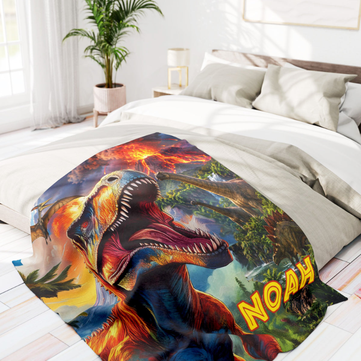 Personalized Dinosaur Blanket with Name, Custom T-Rex Throw, Gift for Boy