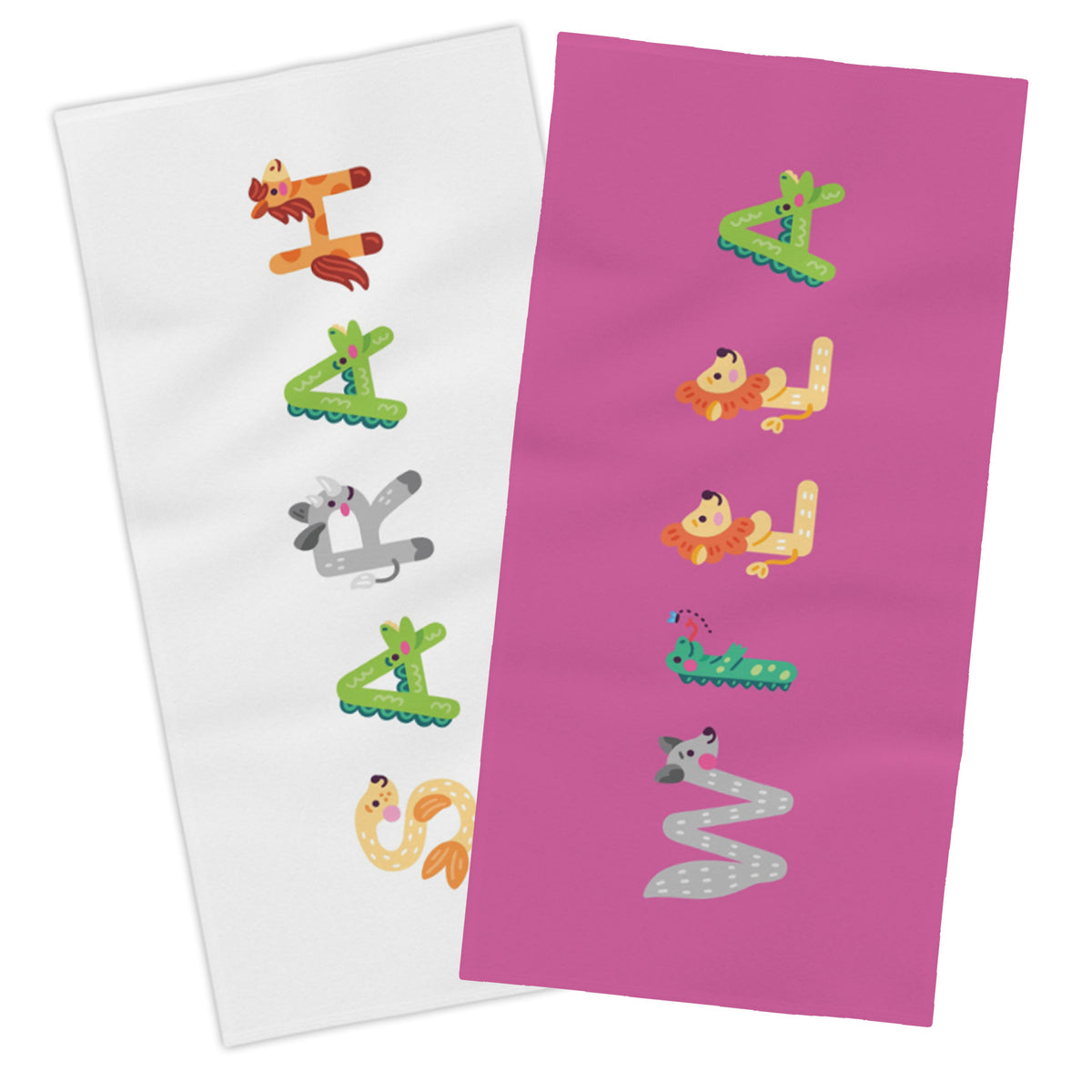 Pink towel with name willa spelled out in animal letters and white towel with sarah spelled in animal lettes