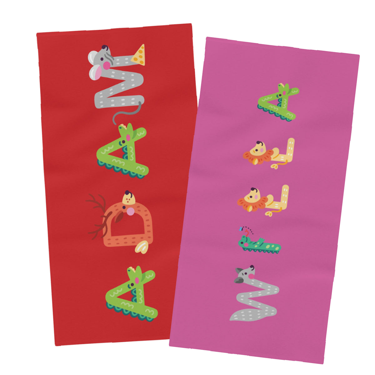 Pink towel with name willa spelled out in animal letters and red towel with adam spelled in animal letters