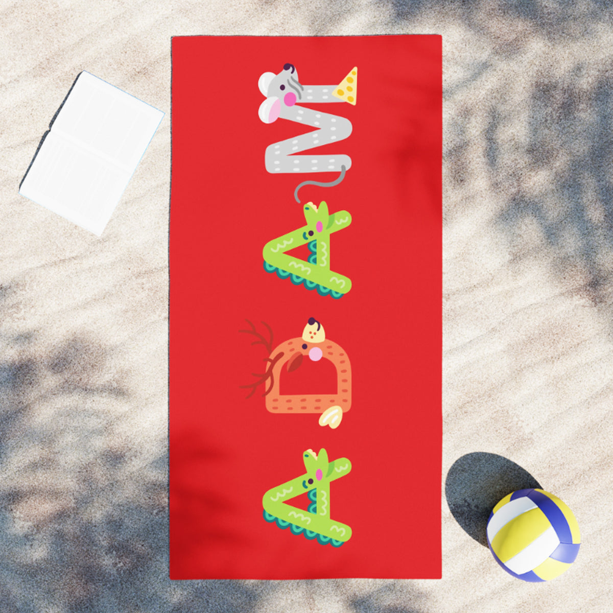 red towel with adam spelled with animal letters