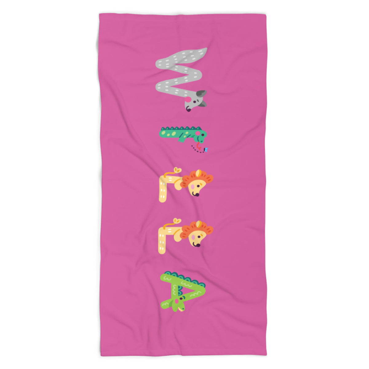 Pink towel with name willa spelled out in animal letters