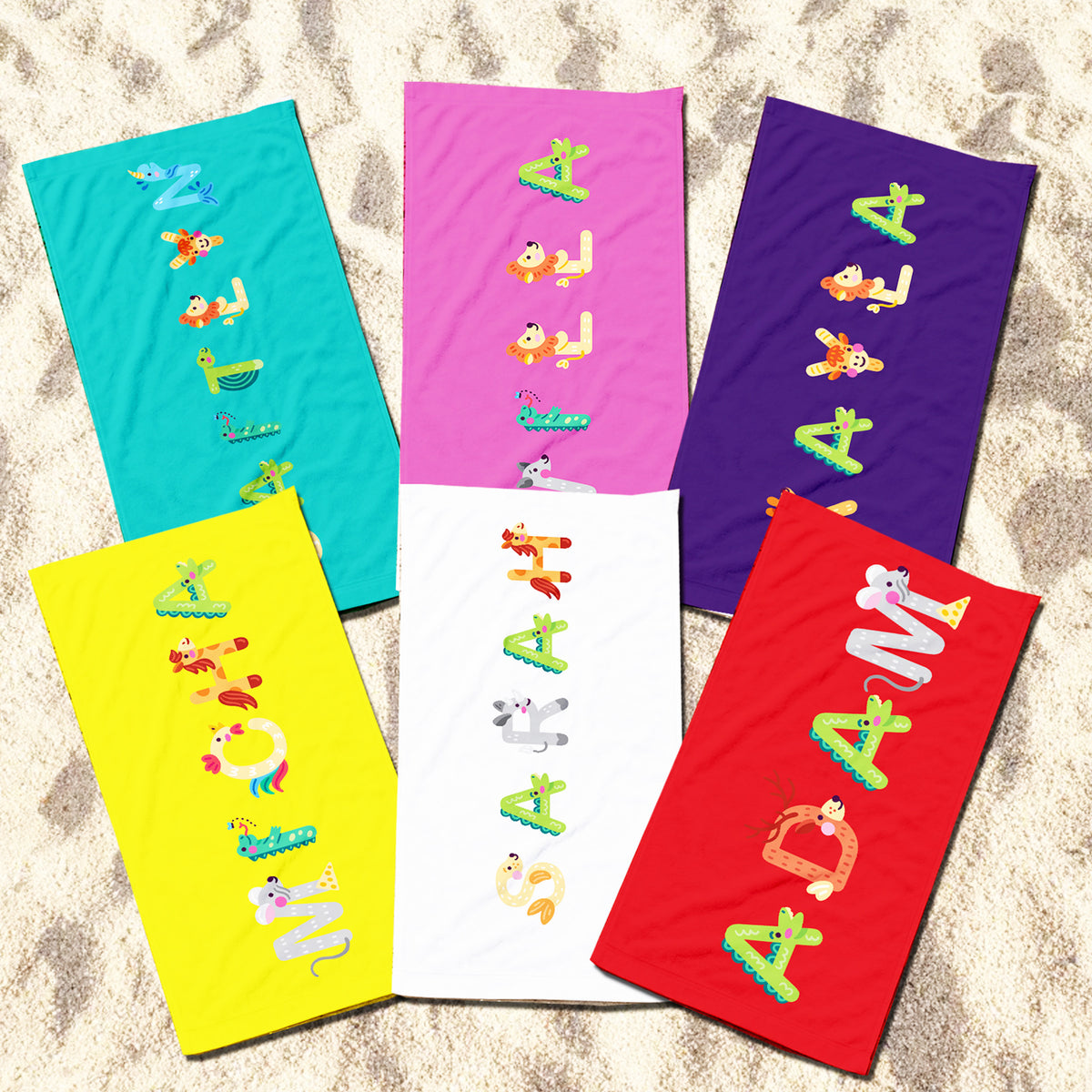 Personalized Animal Alphabet Beach Towel, Custom Name Kids Towel