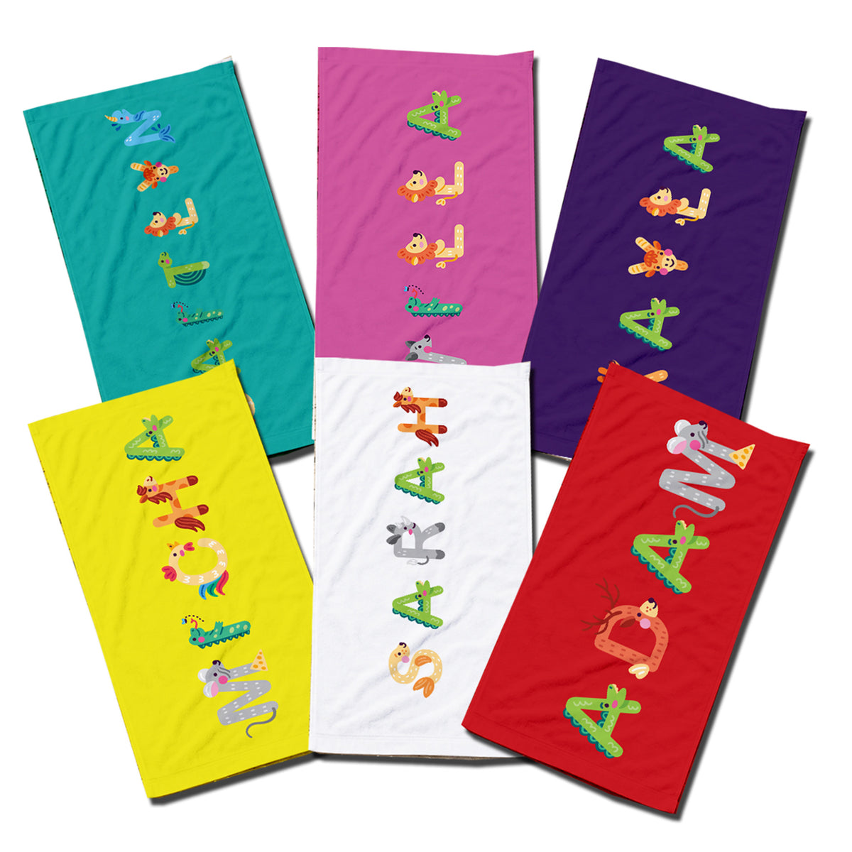 6 various colored towels with 6 names spelled out in animal letters