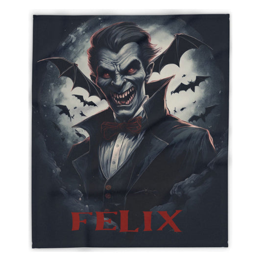 A rectangular wall art print or poster featuring a stylized vampire portrait with bat wings, red glowing eyes, and the name 'FELIX' in large red letters at the bottom, shown against a plain light background.