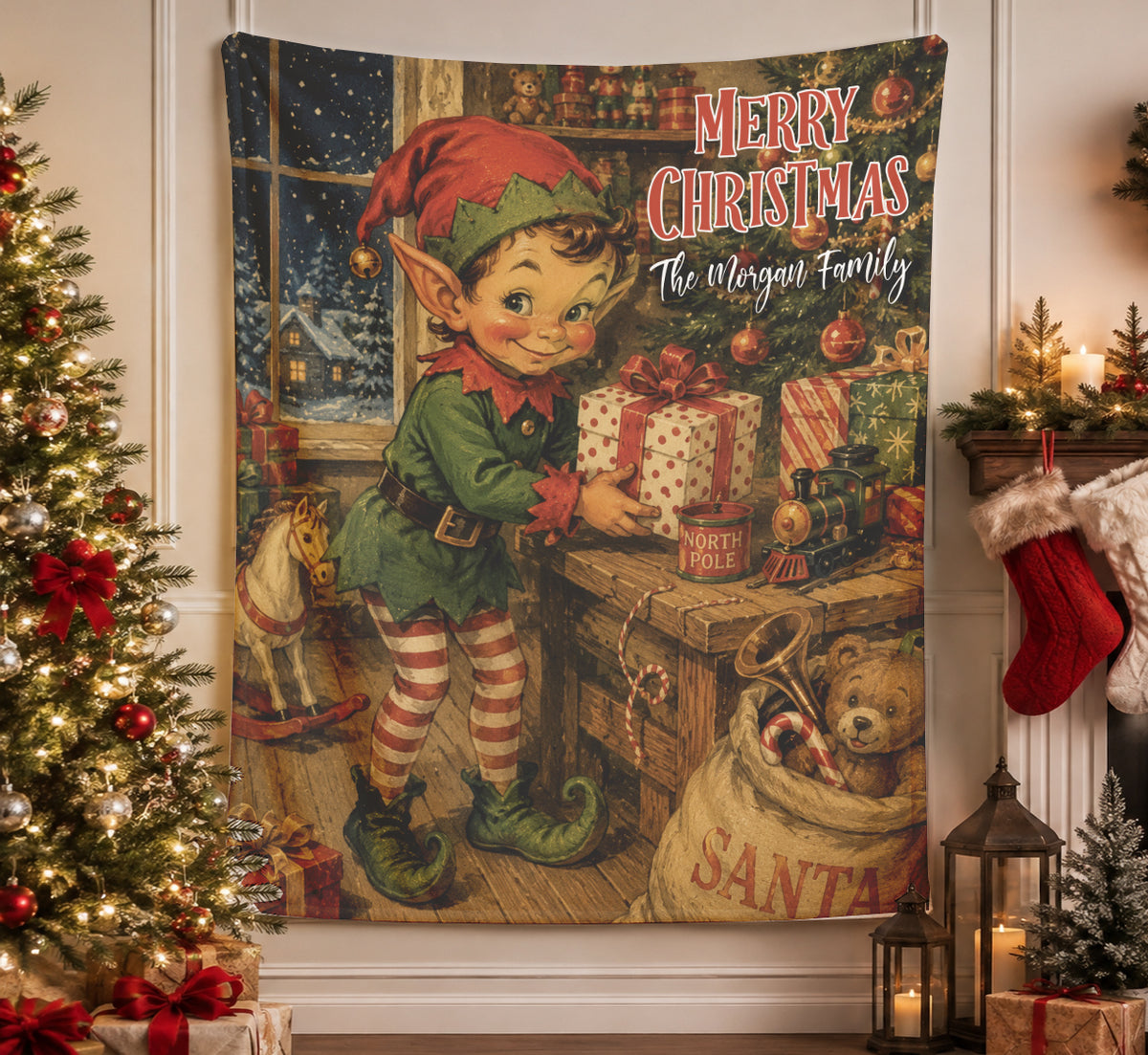 Personalized Vintage Elf Postcard Style Christmas Blanket