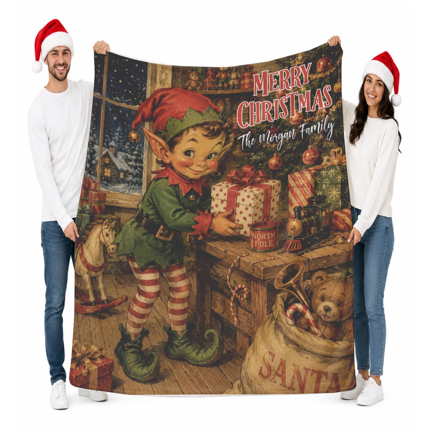 Personalized Vintage Elf Postcard Style Christmas Blanket