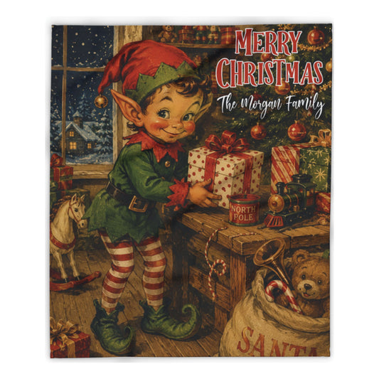 Personalized Vintage Elf Postcard Style Christmas Blanket